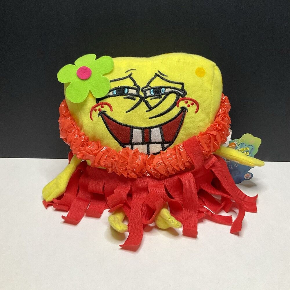 NWT Vintage Nanco 2004 SpongeBob SquarePants Hula Skirt Lei Stuffed Plush 8.5"